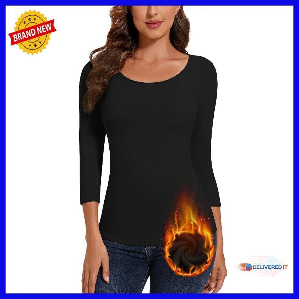 Women's Fleece Lined 3/4 Sleeve Thermal Top Base Layer Winter Warm